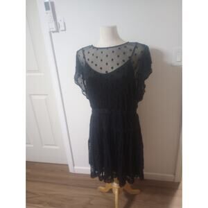 LC Lauren Conrad Black Dress XL cocktail sheer mesh overlay flocked polka Dots